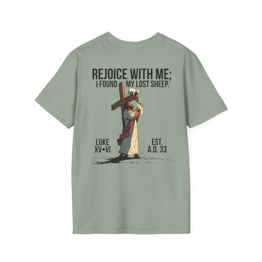 JESUS SAVES – Carried by Christ T-Shirt (Luke 15:6) | Back Print