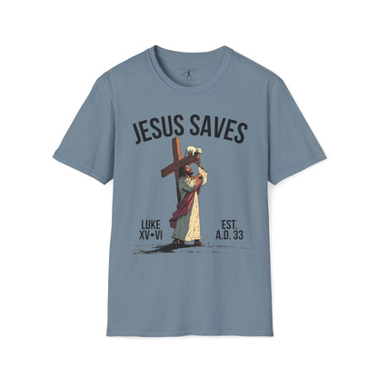 JESUS SAVES – Carried by Christ T-Shirt (Luke 15:6) | Front Print Only