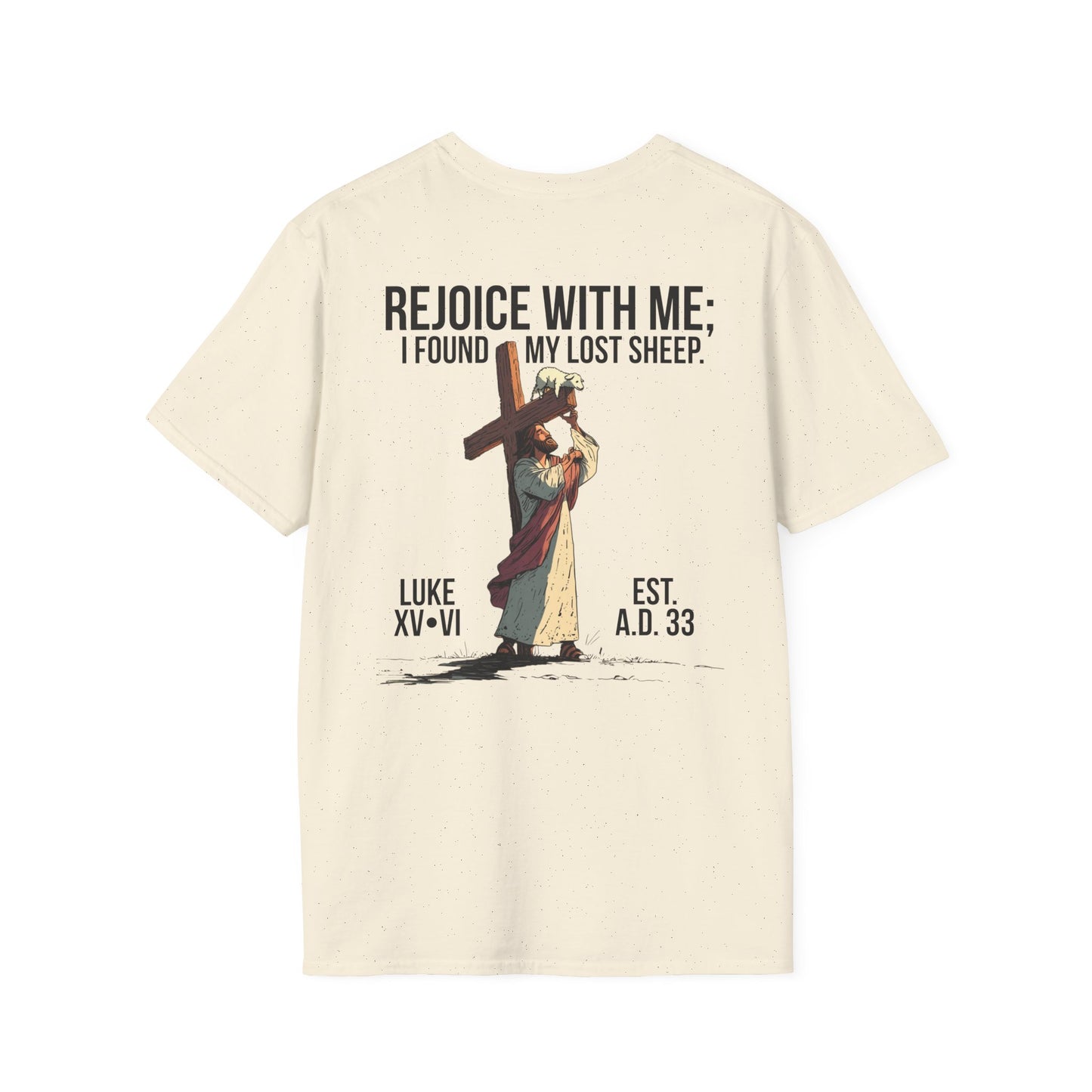 JESUS SAVES – Carried by Christ T-Shirt (Luke 15:6) | Back Print