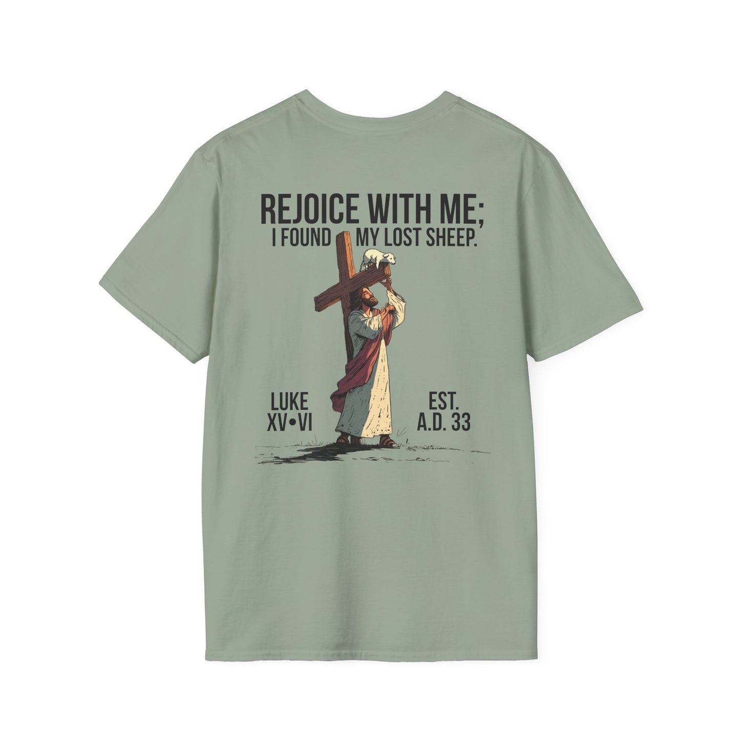 JESUS SAVES – Carried by Christ T-Shirt (Luke 15:6) | Back Print