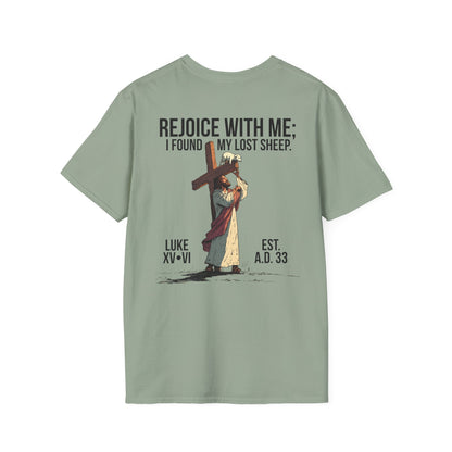 JESUS SAVES – Carried by Christ T-Shirt (Luke 15:6) | Back Print