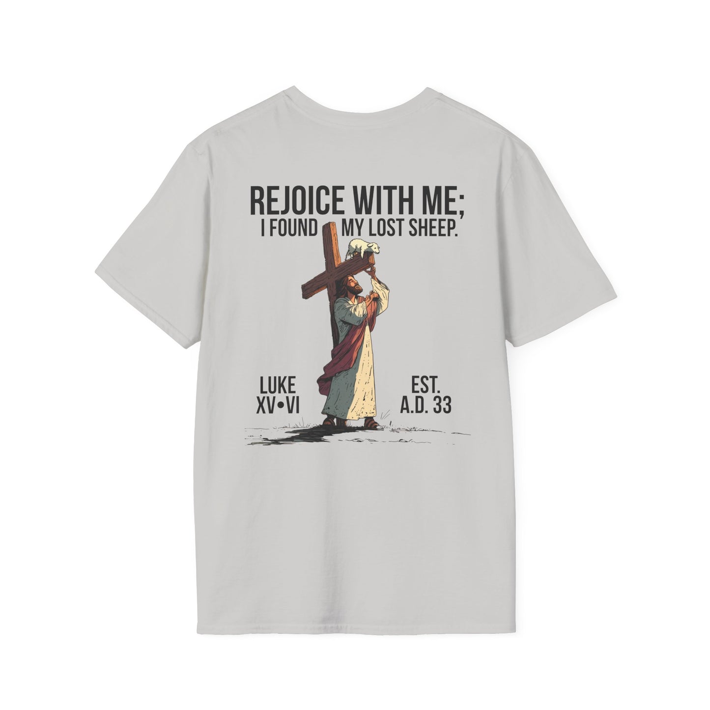 JESUS SAVES – Carried by Christ T-Shirt (Luke 15:6) | Back Print
