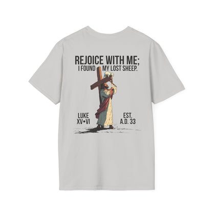 JESUS SAVES – Carried by Christ T-Shirt (Luke 15:6) | Back Print