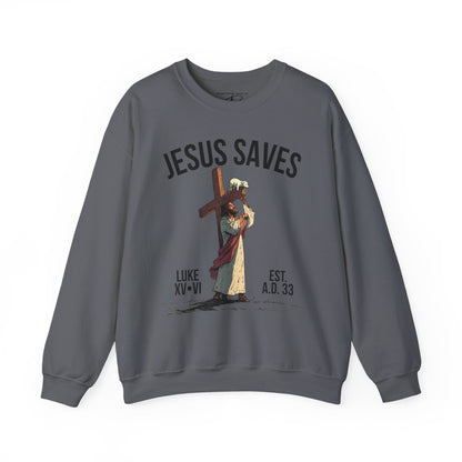 JESUS SAVES - Carried by Christ Crewneck (Luke 15:6)