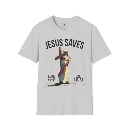 JESUS SAVES - Carried by Christ T-Shirt (Luke 15:6)
