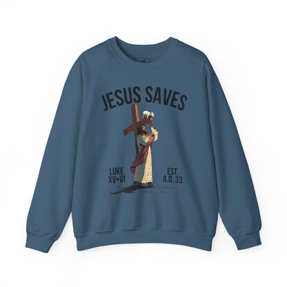 JESUS SAVES - Carried by Christ Crewneck (Luke 15:6)