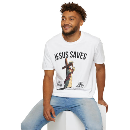 JESUS SAVES – Carried by Christ T-Shirt (Luke 15:6) | Front Print Only