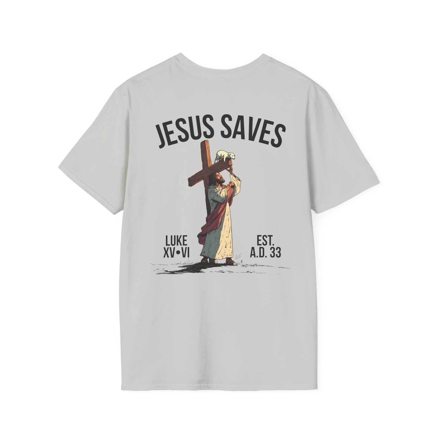 JESUS SAVES – Carried by Christ T-Shirt (Luke 15:6) | Back Print V2