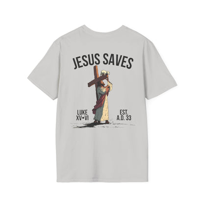 JESUS SAVES – Carried by Christ T-Shirt (Luke 15:6) | Back Print V2