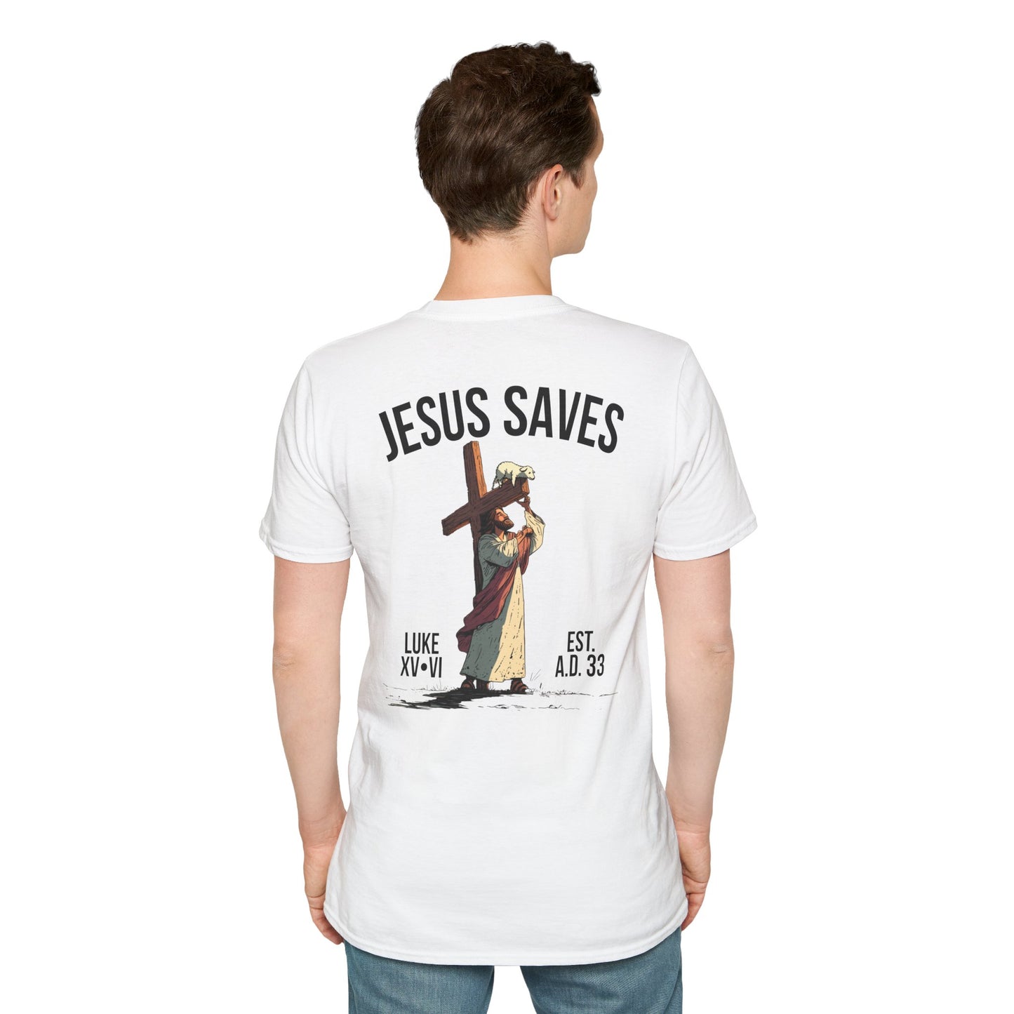 JESUS SAVES – Carried by Christ T-Shirt (Luke 15:6) | Back Print V2