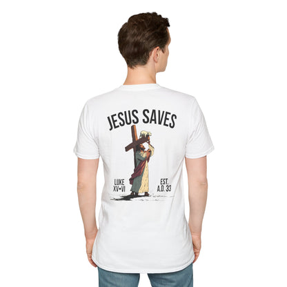 JESUS SAVES – Carried by Christ T-Shirt (Luke 15:6) | Back Print V2