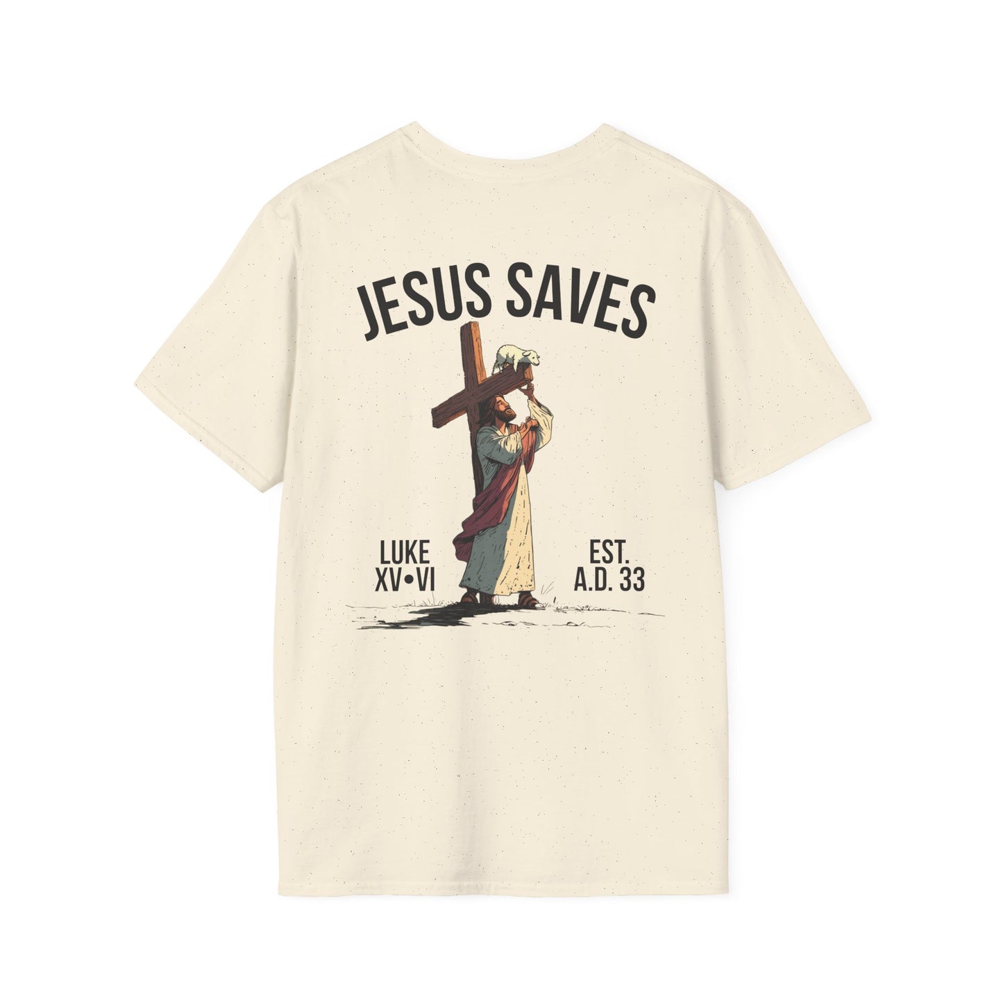 JESUS SAVES – Carried by Christ T-Shirt (Luke 15:6) | Back Print V2