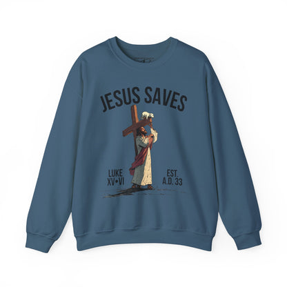 JESUS SAVES - Carried by Christ Crewneck (Luke 15:6) | Front Print Only