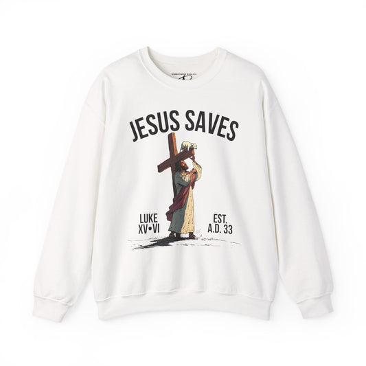 JESUS SAVES - Carried by Christ Crewneck (Luke 15:6)
