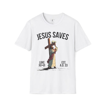 JESUS SAVES – Carried by Christ T-Shirt (Luke 15:6) | Front Print Only
