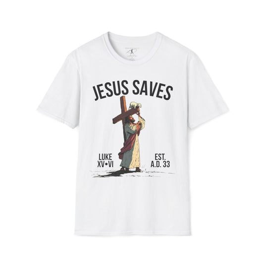 JESUS SAVES – Carried by Christ T-Shirt (Luke 15:6) | Front Print Only