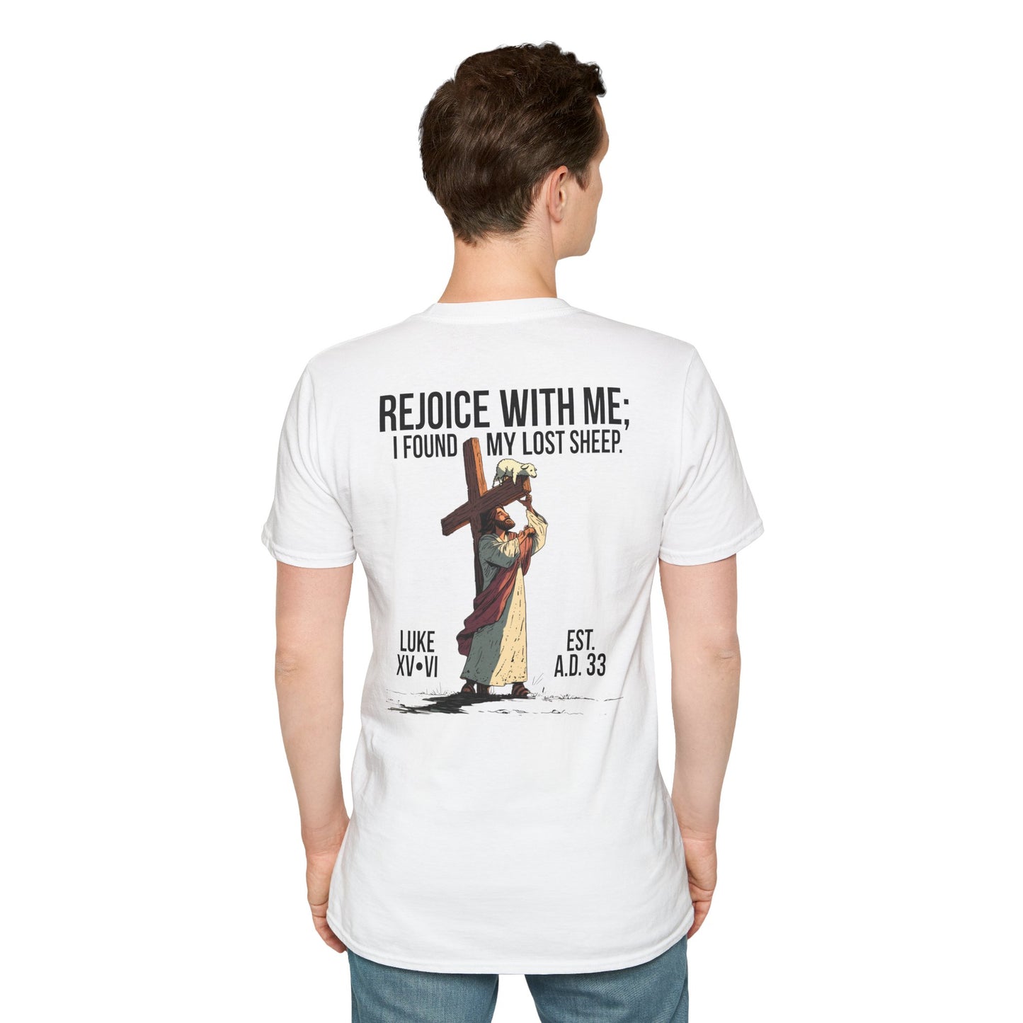 JESUS SAVES – Carried by Christ T-Shirt (Luke 15:6) | Back Print