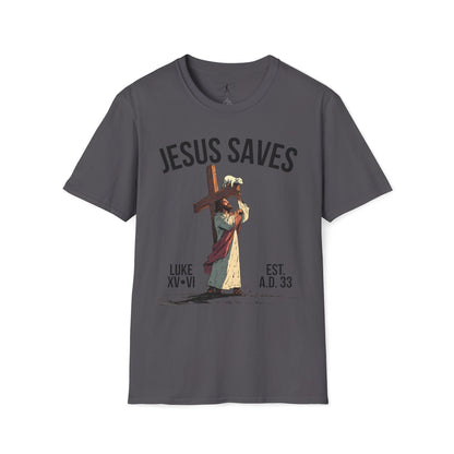 JESUS SAVES – Carried by Christ T-Shirt (Luke 15:6) | Front Print Only