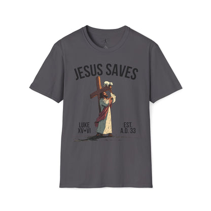 JESUS SAVES - Carried by Christ T-Shirt (Luke 15:6)