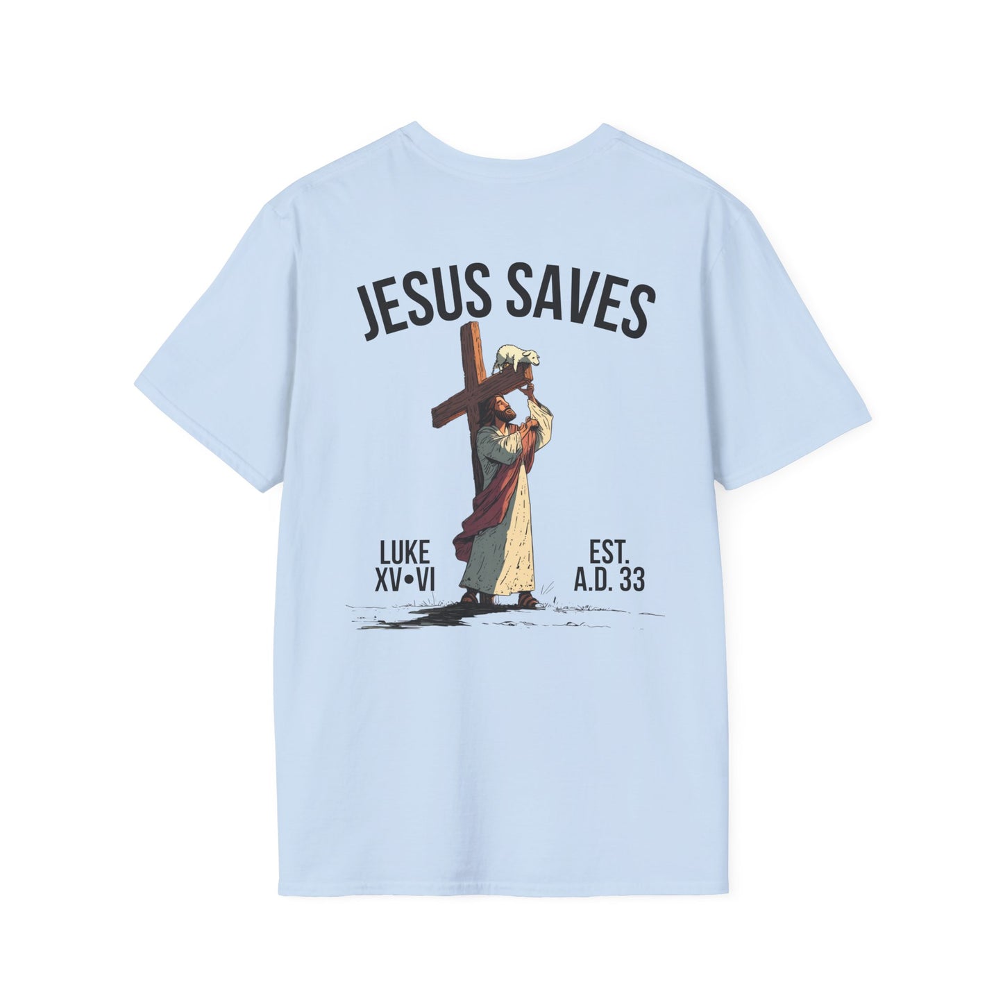JESUS SAVES – Carried by Christ T-Shirt (Luke 15:6) | Back Print V2
