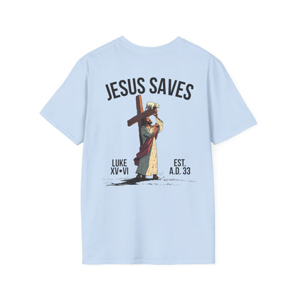 JESUS SAVES – Carried by Christ T-Shirt (Luke 15:6) | Back Print V2