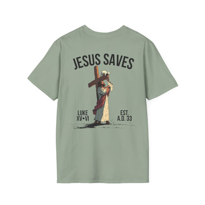JESUS SAVES – Carried by Christ T-Shirt (Luke 15:6) | Back Print V2