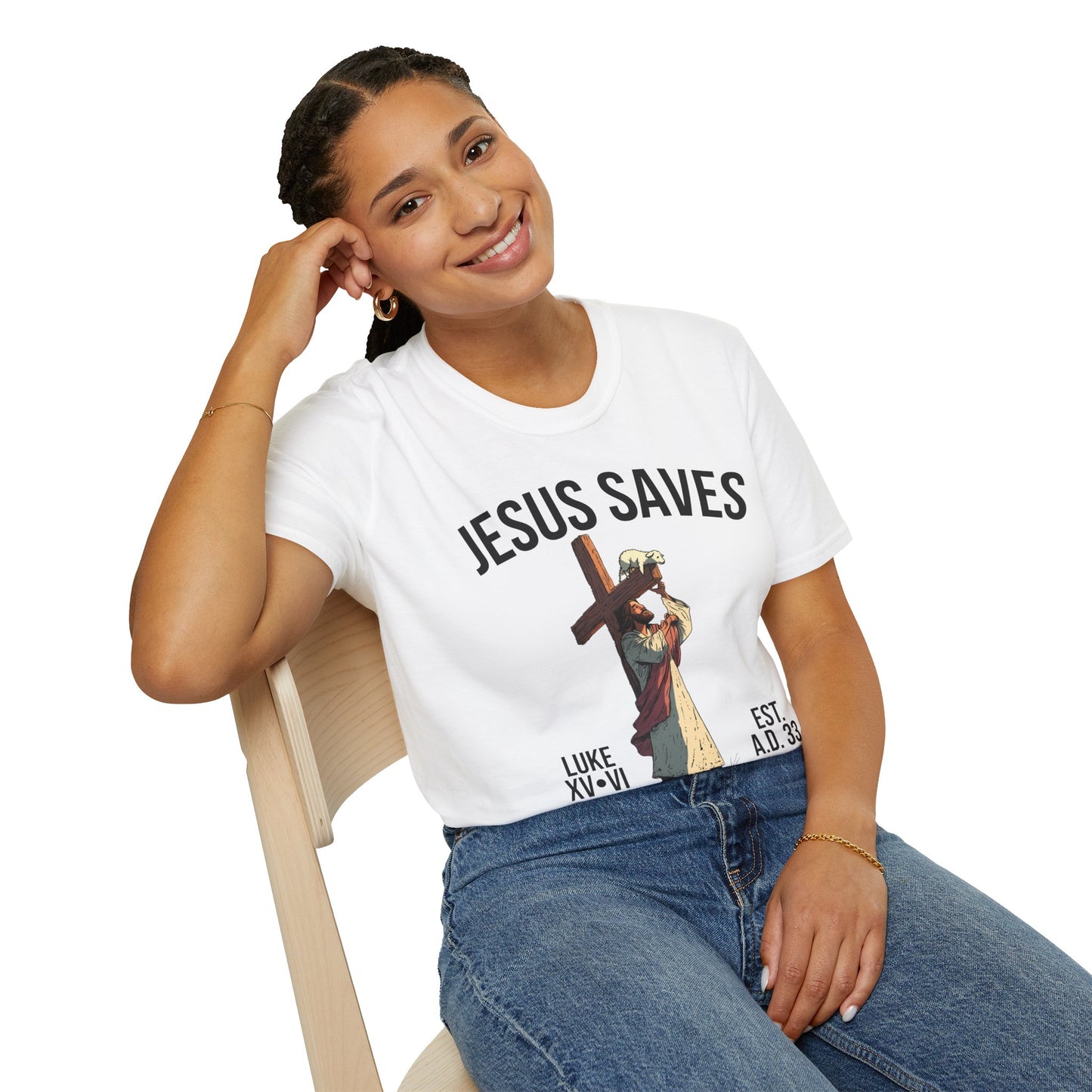 JESUS SAVES – Carried by Christ T-Shirt (Luke 15:6) | Front Print Only
