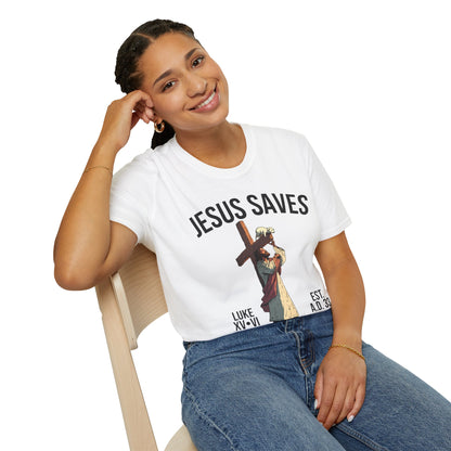 JESUS SAVES – Carried by Christ T-Shirt (Luke 15:6) | Front Print Only