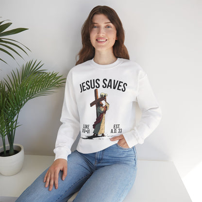 JESUS SAVES - Carried by Christ Crewneck (Luke 15:6)
