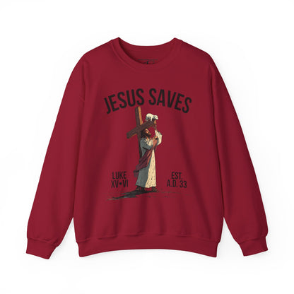 JESUS SAVES - Carried by Christ Crewneck (Luke 15:6)