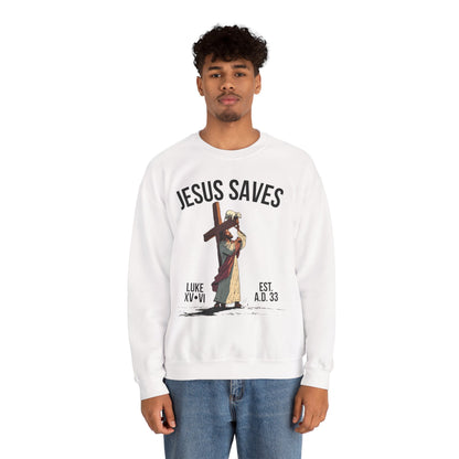 JESUS SAVES - Carried by Christ Crewneck (Luke 15:6) | Front Print Only