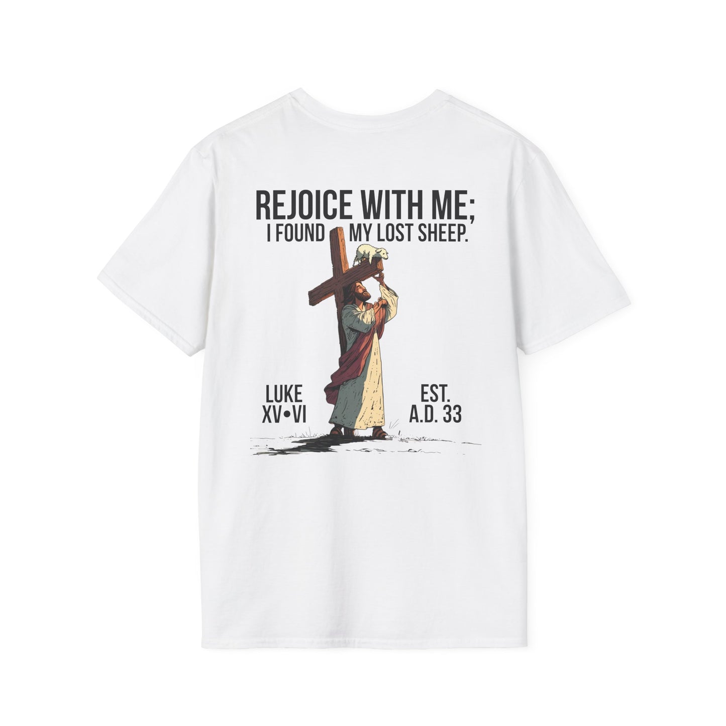 JESUS SAVES – Carried by Christ T-Shirt (Luke 15:6) | Back Print