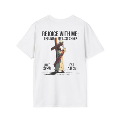 JESUS SAVES – Carried by Christ T-Shirt (Luke 15:6) | Back Print