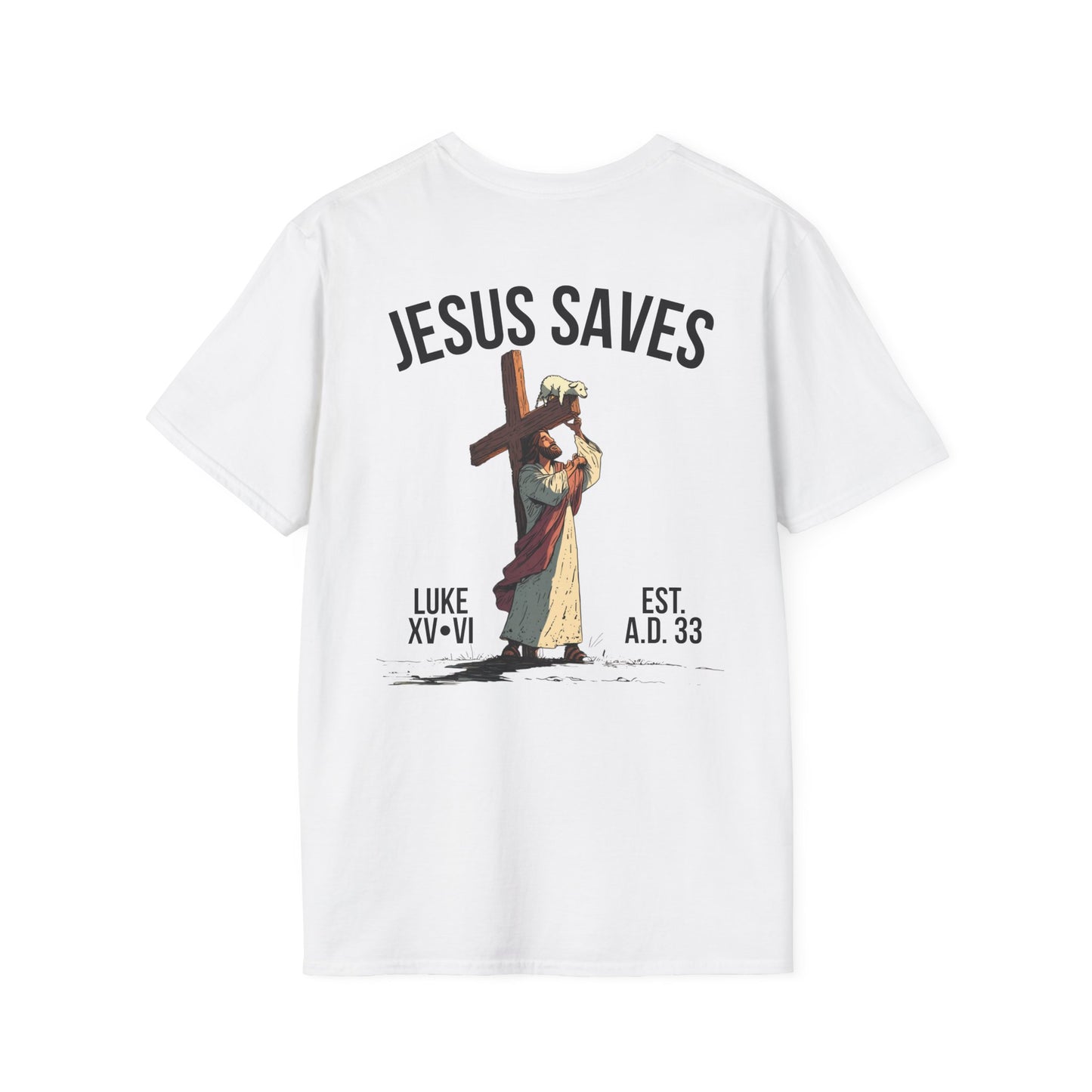 JESUS SAVES – Carried by Christ T-Shirt (Luke 15:6) | Back Print V2
