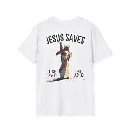 JESUS SAVES – Carried by Christ T-Shirt (Luke 15:6) | Back Print V2