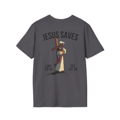 JESUS SAVES – Carried by Christ T-Shirt (Luke 15:6) | Back Print V2