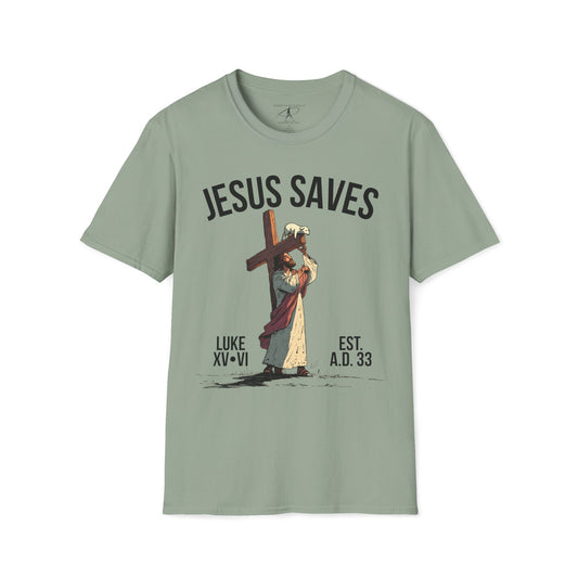 JESUS SAVES – Carried by Christ T-Shirt (Luke 15:6) | Front Print Only