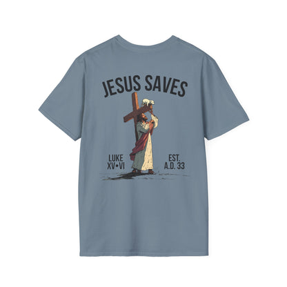 JESUS SAVES – Carried by Christ T-Shirt (Luke 15:6) | Back Print V2