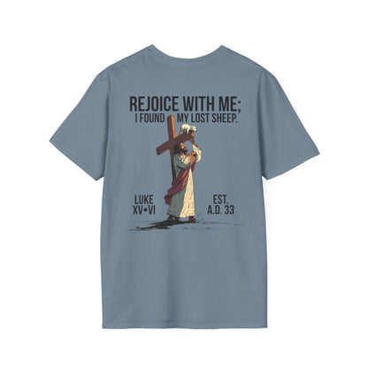 JESUS SAVES – Carried by Christ T-Shirt (Luke 15:6) | Back Print