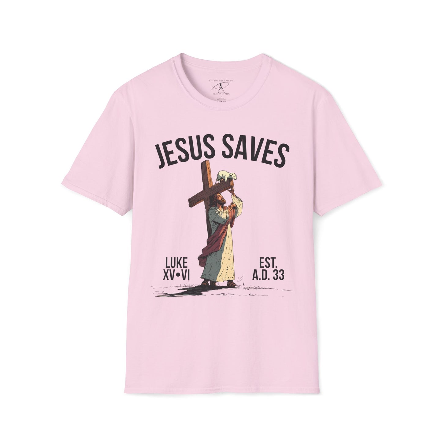 JESUS SAVES – Carried by Christ T-Shirt (Luke 15:6) | Front Print Only