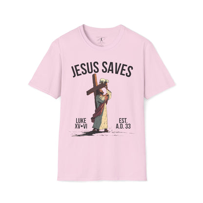 JESUS SAVES – Carried by Christ T-Shirt (Luke 15:6) | Front Print Only