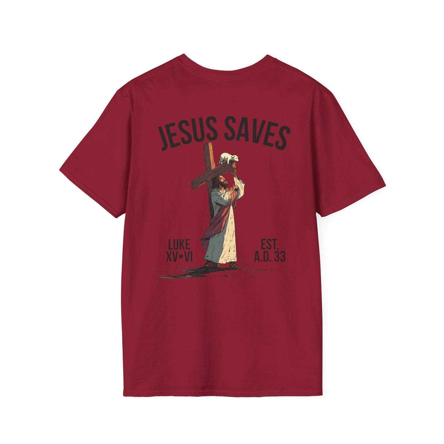 JESUS SAVES – Carried by Christ T-Shirt (Luke 15:6) | Back Print V2