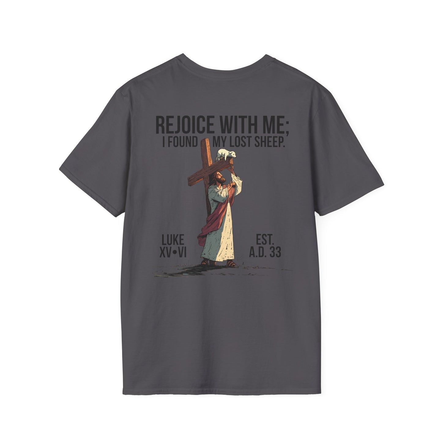 JESUS SAVES – Carried by Christ T-Shirt (Luke 15:6) | Back Print