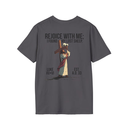 JESUS SAVES – Carried by Christ T-Shirt (Luke 15:6) | Back Print