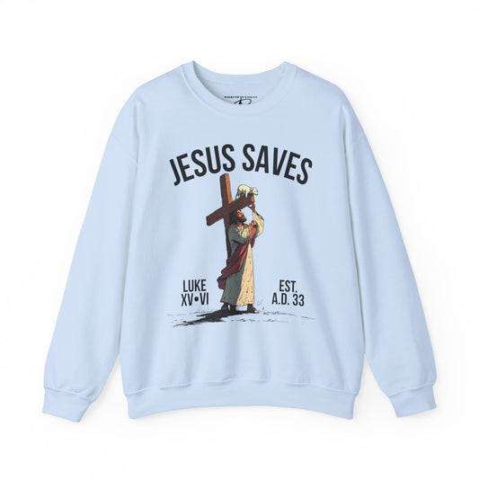 JESUS SAVES - Carried by Christ Crewneck (Luke 15:6)