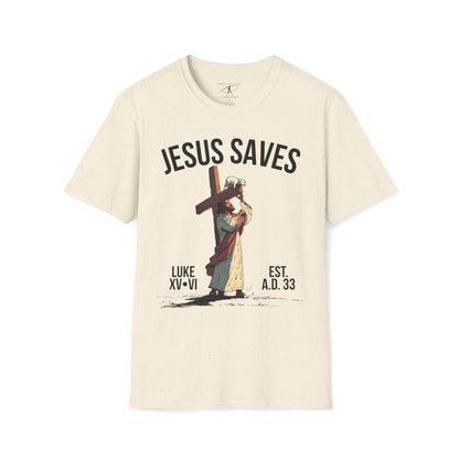 JESUS SAVES - Carried by Christ T-Shirt (Luke 15:6)