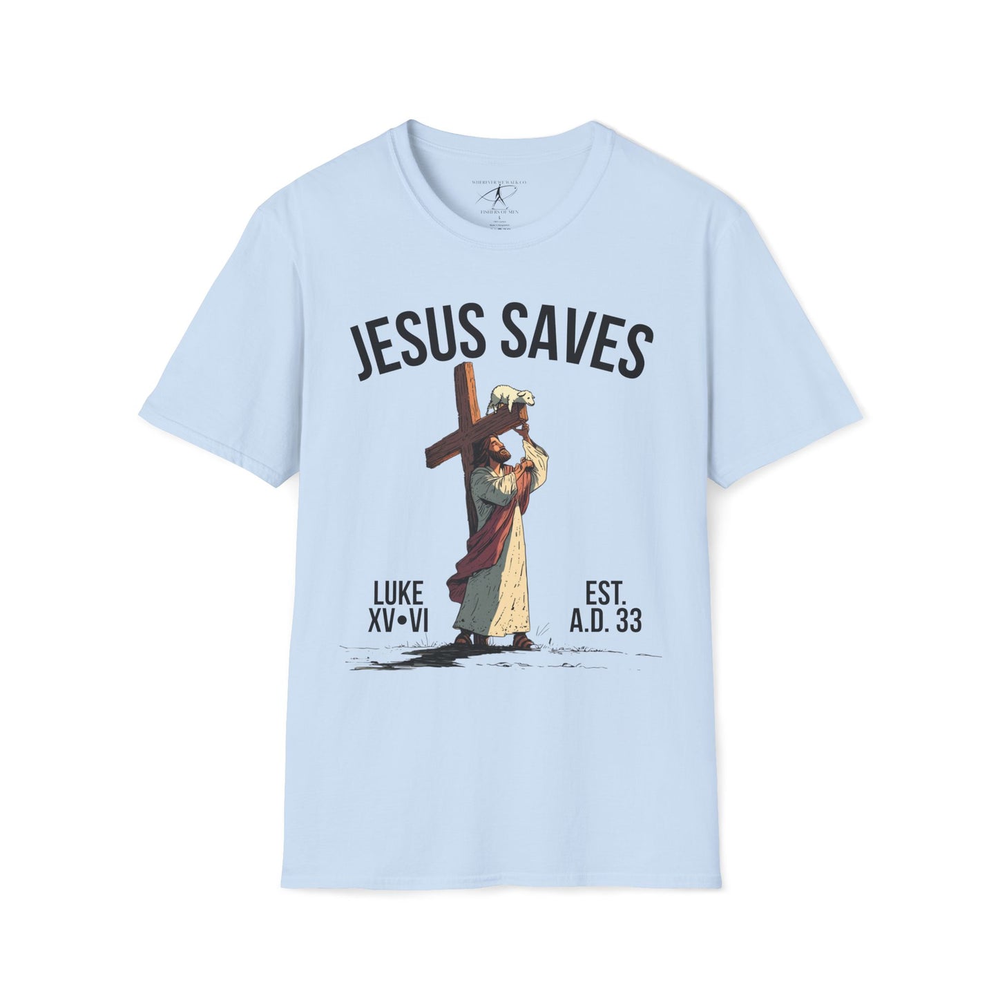 JESUS SAVES – Carried by Christ T-Shirt (Luke 15:6) | Front Print Only
