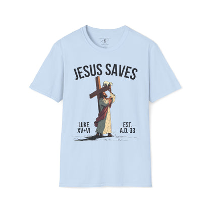 JESUS SAVES – Carried by Christ T-Shirt (Luke 15:6) | Front Print Only