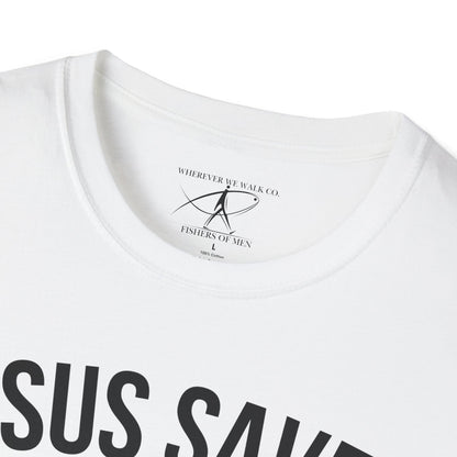 JESUS SAVES – Carried by Christ T-Shirt (Luke 15:6) | Front Print Only