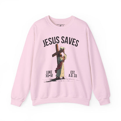 JESUS SAVES - Carried by Christ Crewneck (Luke 15:6)
